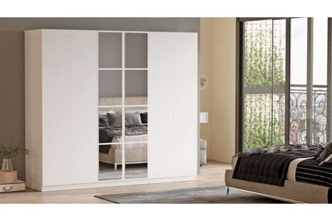 YURUDESIGN NEW HOME GARDIROP, 6 KAPAKLI, ÇEKMECELİ AYNALI, BEYAZ