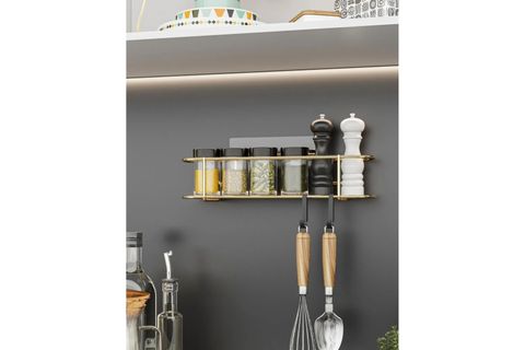 BİNO YAPIŞKANLI KANCALI  BAHARATLIK MUTFAK BANYO RAFI, METAL GOLD