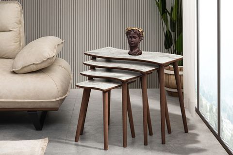 SALSA DÖRTLÜ ZİGON ORTA SEHPA SETİ, BEYAZ MERMER DESENLİ