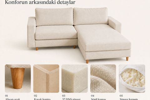 MELRE MİNİ KÖŞE SOL KOLTUK, KREM