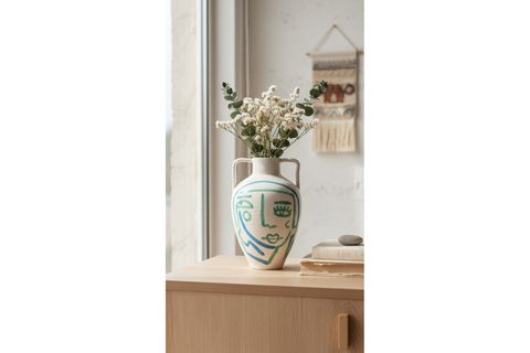 BEYAZ MAVİ TURKUAZ SOYUT YÜZ TERRACOTTA VAZO BOHO