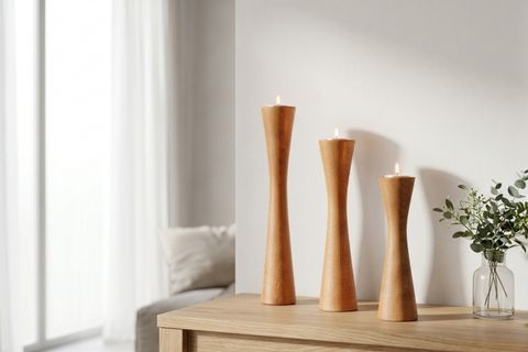 DİVAN KAYIN AHŞAP ÜÇLÜ ŞAMDAN SETİ, AÇIK RENK,  15-20-25 CM