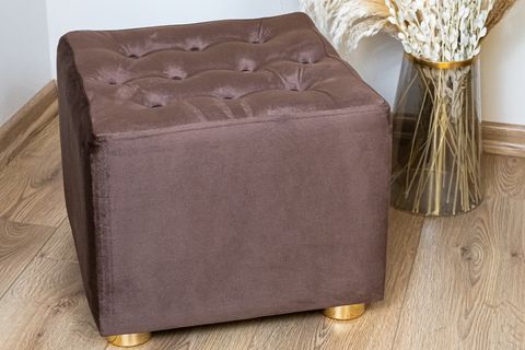 PREMİUM DÜĞMELİ KADİFE PUF, KAHVE, GOLD AYAK