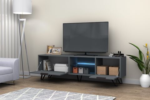 KASTER LED AYDINLATMALI METAL AYAKLI TV ÜNİTESİ, KOYU GRİ, 170 CM