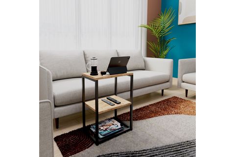 LİNA METAL AYAKLI AHŞAP RAFLI YAN SEHPA, ÇAM