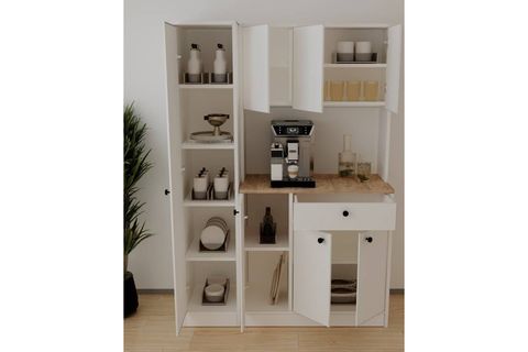 MONNALİS KİLERLİ KAHVE KÖŞESİ ÇOK AMAÇLI DOLAP 5 RAFLI MUTFAK DOLABI BEYAZ & ATLANTİK ÇAM