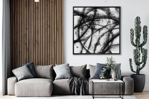 TRAVERTEN DOKULU SOYUT, ÇERÇEVELİ, SOYUT SİYAH, 80X80