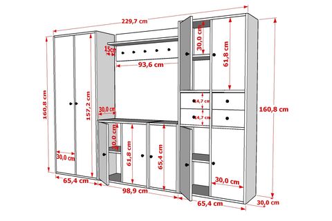 LEONARDO PORTMANTO VESTİYER 215, DOLAPLI ÇEKMECELİ, BEYAZ, 230 CM