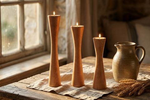 DİVAN KAYIN AHŞAP ÜÇLÜ ŞAMDAN SETİ, AÇIK RENK,  15-20-25 CM