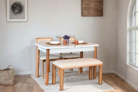 CAMELA NATURAL BEYAZ AÇILIR DÖŞEMELİ BENCHLİ MASA SANDALYE TAKIMI, 70X127, 2 SANDALYELİ