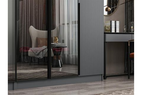 NİSA PLUS 6 KAPAKLI 4 ÇEKMECE DOLAP ANTRASİT MEBRAN REFLEKTE CAM
