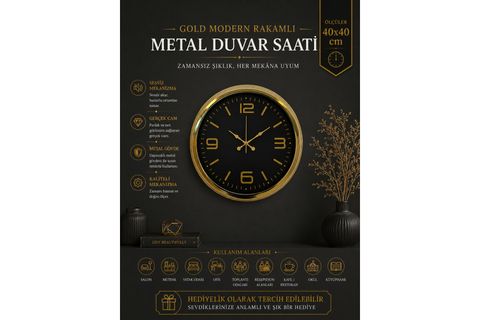 GOLD MODERN RAKAMLI METAL DUVAR SAATİ 40 CM