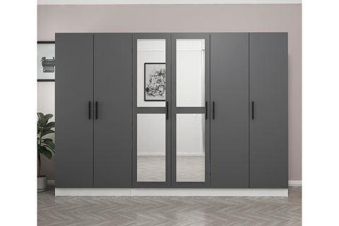 MİNAR KALE 6 KAPAKLI 2 AYNALI 2 ÇEKMECELİ DOLAP BEYAZ ANTRASİT 210CM