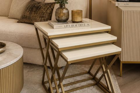 VENEDİK ESKİTME BAKIR METAL AYAKLI EKRU MDF ÜST TABLA ZİGON SEHPA