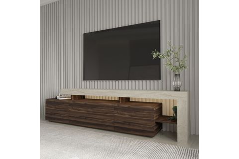 BELİZ LED IŞIKLI TV SEHPASI, TRAVERTEN/CEVİZ