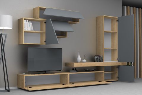 FİTZ DUVAR TV ÜNİTESİ, MEŞE GRİ, 300 CM