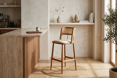 ODİN BAR SANDALYESİ, NATUREL AHŞAP, KREM KUMAŞ