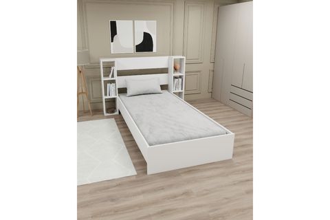 SMART RAFLI KİTAPLIKLI TEK KİŞİLİK KARYOLA, BEYAZ, 90X190