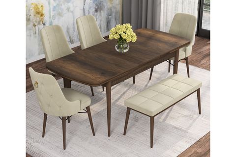 ROVENA MONA AÇILABİLİR MUTFAK MASASI TAKIMI, BAROK DESEN, KREM, 132X80