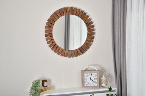 DFN WOOD FLOWER CEVİZ RENGİ AHŞAP YUVARLAK AYNA, 60X60 CM