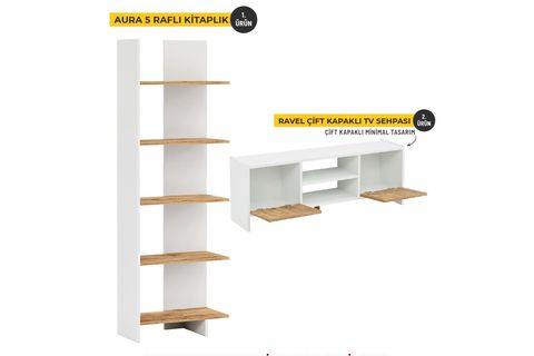 MONİ TV ÜNİTESİ VE KİTAPLIK SETİ, ÇAM KAPAKLI