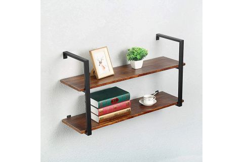 TASNİA SİYAH METAL AHŞAP DUVAR RAFI 90 CM 2 KATLI