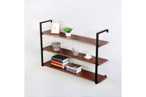 TASNİA SİYAH METAL AHŞAP DUVAR RAFI 120 CM 3 KATLI