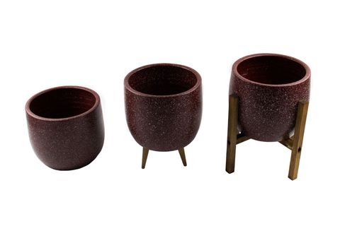 BİTKİ TASARIMI GRANİT SAKSI, TERRAKOTA, ÜÇLÜ SET, BORDO, 19CM