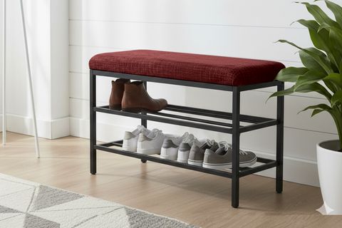 LUXE KETEN KUMAŞLI PUF AYAKKABILIK BENCH, BORDO