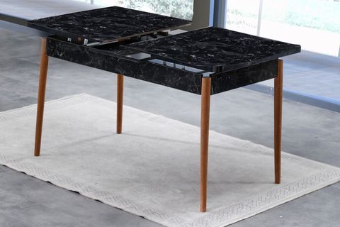 LAJMİX SİYAH MERMER AÇILIR MUTFAK MASA TAKIMI, 4 SANDALYE+PUF, SİYAH, 130X80