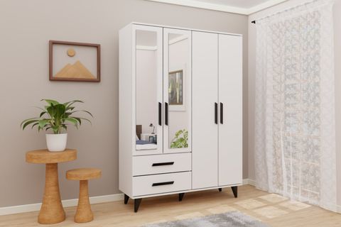NOVADO AYAKLI AYNALI GARDIROP, 4 KAPAKLI, SİYAH KULPLU, GM 070-B
