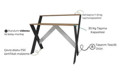 ÇAPRAZ AYAKLI DERS ÇALIŞMA MASASI, ANTRASİT ÇAM, 50X90 CM