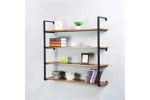 TASNİA SİYAH METAL AHŞAP DUVAR RAFI 120 CM 4 KATLI