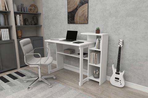 SAYE KİTAPLIKLI ÇALIŞMA MASASI, MAT BEYAZ, 5 RAFLI