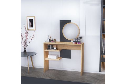 DALİ GENİŞ AYNALI RAFLI MAKYAJ MASASI, SAFİRMEŞE ANTRASİT