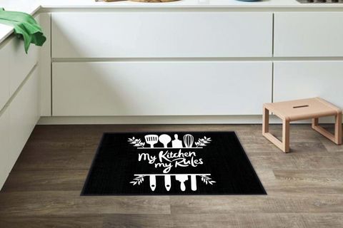 GARDENYA MERDANE ÇIRPICI DESENLİ KİTCHEN RULES SLOGANLI MODERN MUTFAK HALISI   75X200 CM