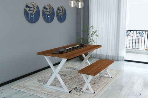 WOODESK ÇINAR MASİF BANKLI YEMEK MASASI TAKIMI, TİK RENK, 180X80, CPT7616-180