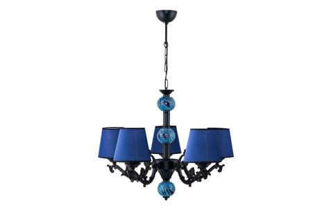 BEŞ KOLLU SİYAH ZAMAK AVİZE, MAVİ ŞAPKALI