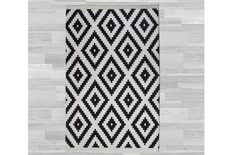 ELSE SİYAH BEYAZ İKAT OGEE DEKORATİF SAÇAKLI İNCE KİLİM HALI 160 X 230