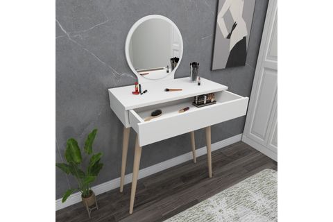 ARNETTİ SİENA ÇEKMECELİ AHŞAP AYAKLI AYNALI MAKYAJ MASASI, BEYAZ - SİENA