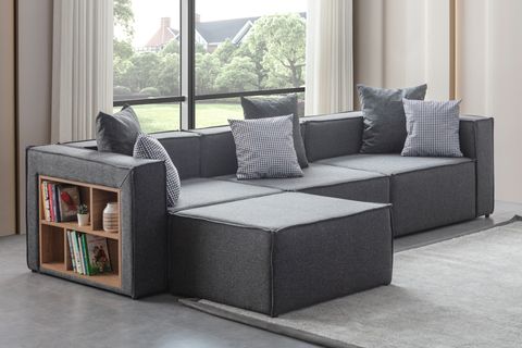 SOFT KİTAPLIKLI MODÜLER KÖŞE KOLTUK TAKIMI, KETEN, ANTRASİT