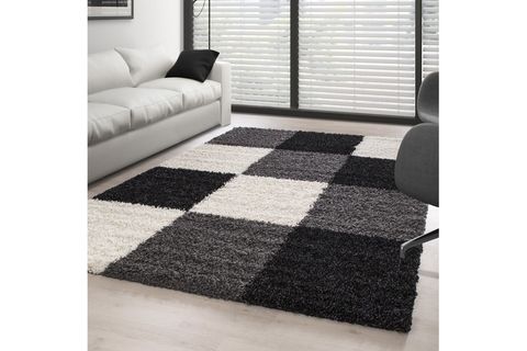 SHAGGY HALI, KARE DESENLİ, SİYAH GRİ BEYAZ, 80X250