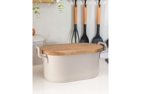 THE MİA STRİPE AHŞAP KAPAKLI EKMEK SAKLAMA KUTUSU BEJ 40X22X18 CM