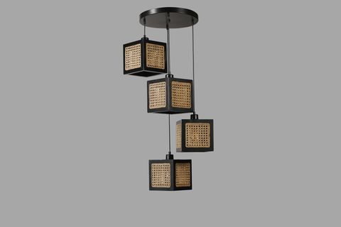 KUMSAL DÖRTLÜ TEPSİLİ RATTAN AVİZE, SİYAH