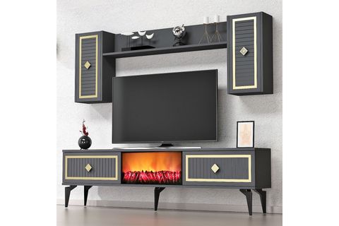 FLAME ŞÖMİNELİ TV ÜNİTESİ TAKIMI, ANTRASİT ALTIN