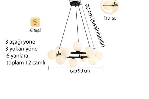 CANDAN BEYAZ CAMLI YUVARLAK SİYAH AVİZE
