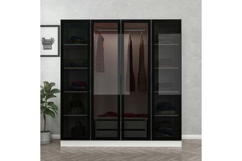 MİNAR KALE 4 CAM KAPAKLI 2 ÇEKMECELİ DOLAP - BEYAZ/SİYAH 210CM