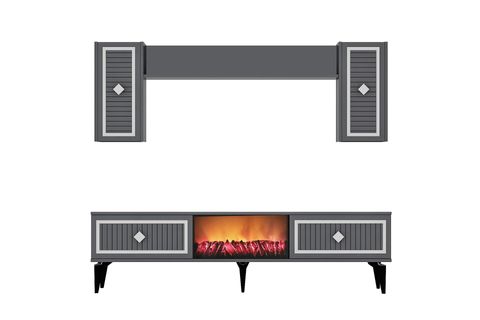 FLAME ŞÖMİNELİ TV ÜNİTESİ TAKIMI, ANTRASİT GÜMÜŞ