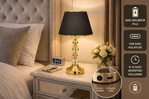 T SERİSİ ŞARJ EDİLE BİLİR PİLLİ MASA ABAJURU, SİYAH GOLD