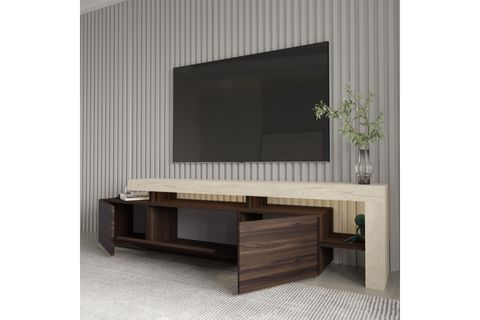BELİZ LED IŞIKLI TV SEHPASI, TRAVERTEN/CEVİZ